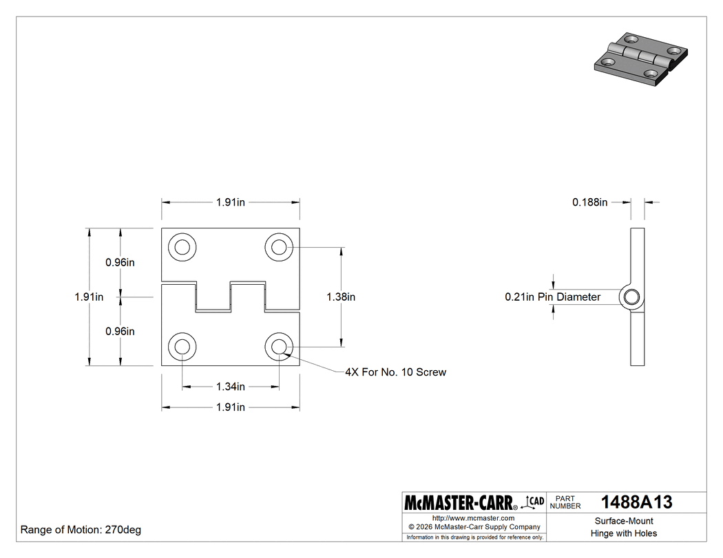 Technical Drawing of Surface-Mount Hinge with Holes, Nonremovable Pin, 316 Stainless Steel, 1-15/16" x 31/32" Door Leaf.